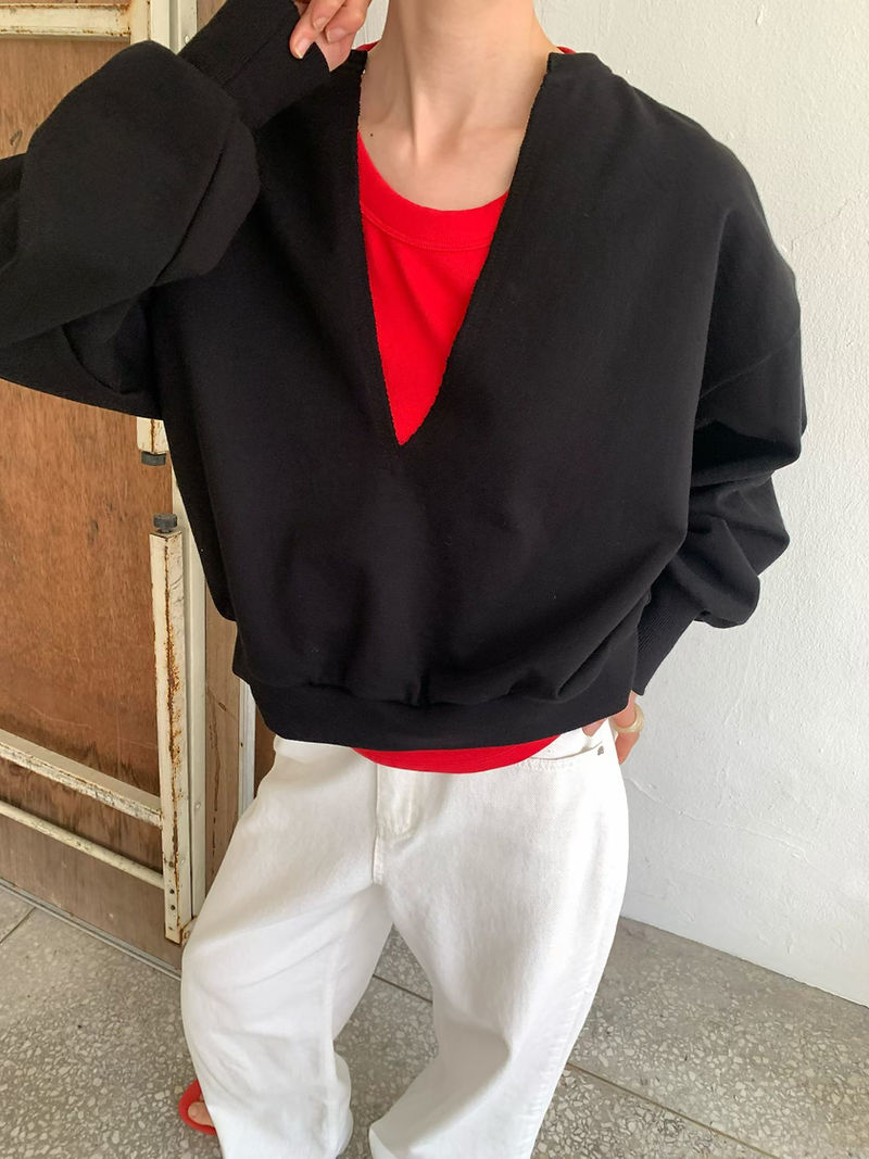 V neck cotton distressed trim puff sleeves pullover 4