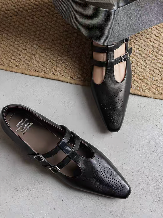 Brushed off pointy calf leather double adjust straps brogue Mary Janes 1
