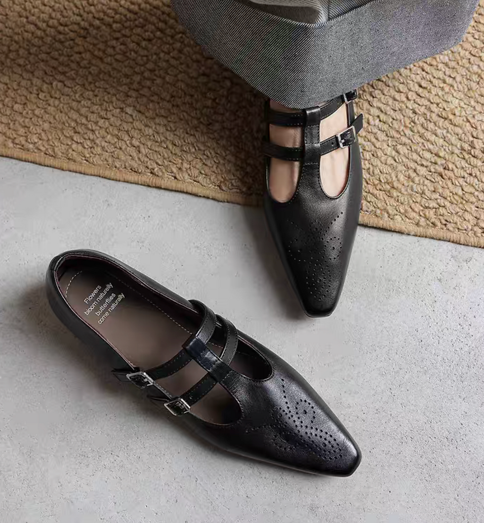 Thumbnail: Brushed off pointy calf leather double adjust straps brogue Mary Janes