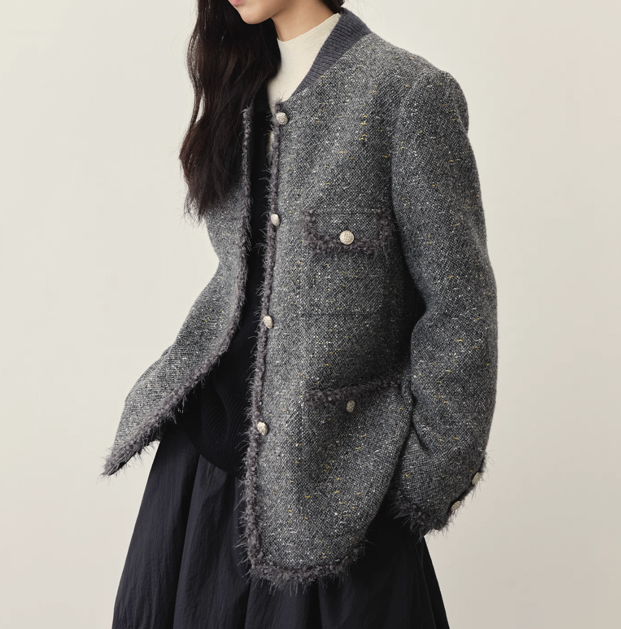 Charcoal grey mixed color baseball jacket collar tweed frills wool rayon jacket