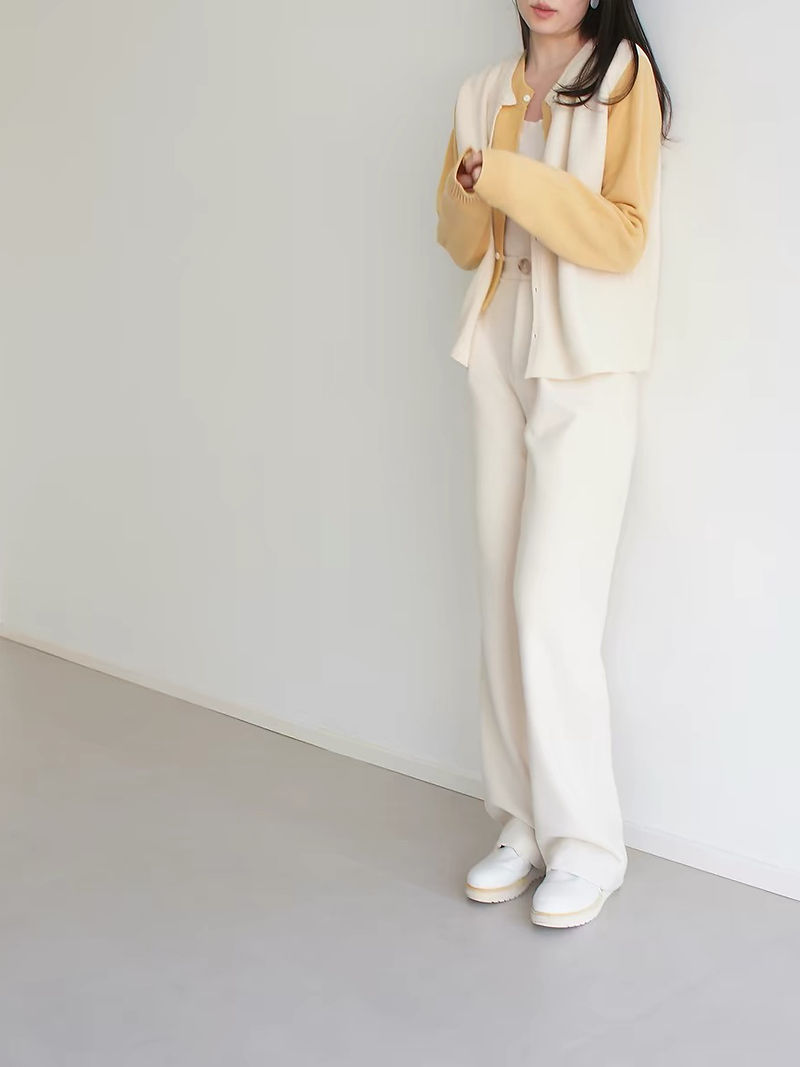 Two way pastel apricot ivory color 40% wool rayon knitted contour trim cardigan 4