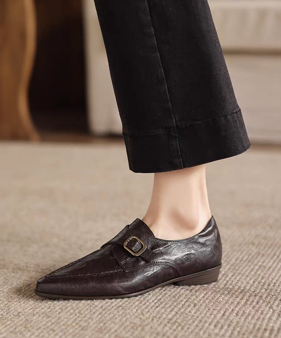 Thumbnail: Calf leather ruffle embossed pointy side buckle loafers