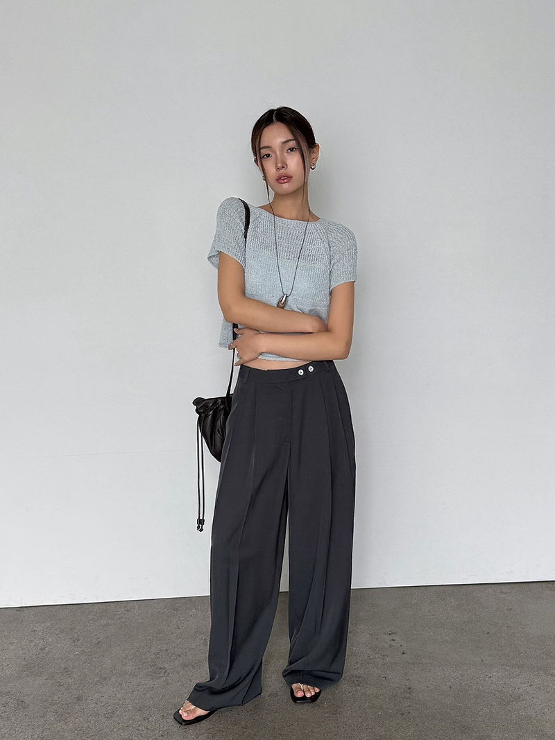 Side double buttoned strap pleated linen rayon straight leg pants  5