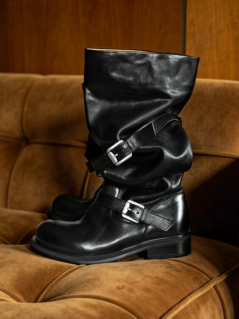 Made in Italy Italian brushed off calf leather double buckles straps knee boots 2