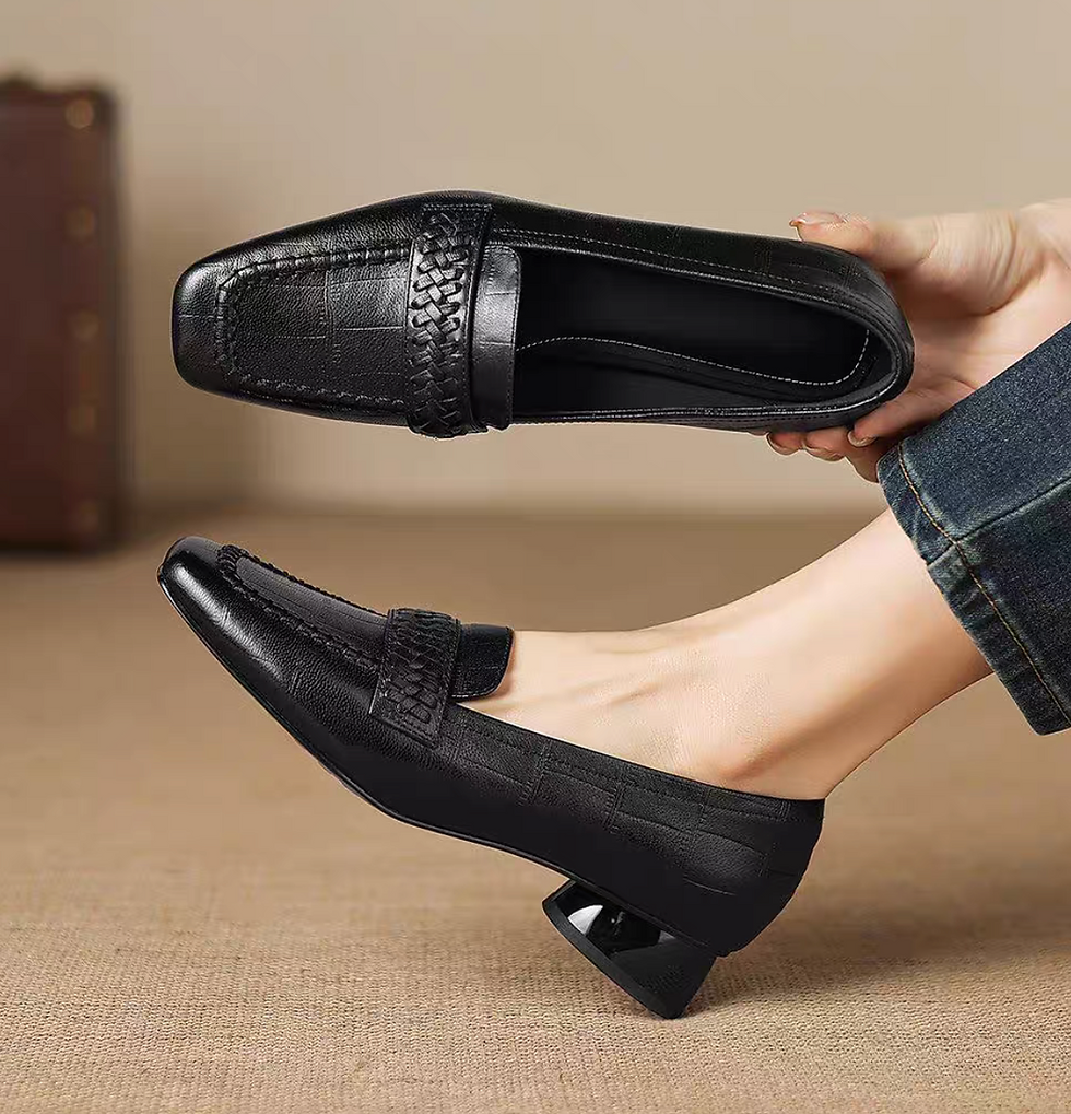 Thumbnail: Embossed weaved strap lambskin round heel loafers