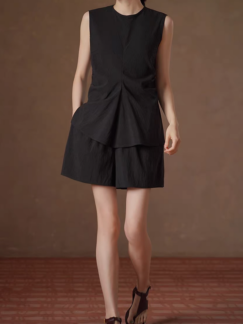 Black lyocell linen back buttoned side pleated vest + shorts set 9