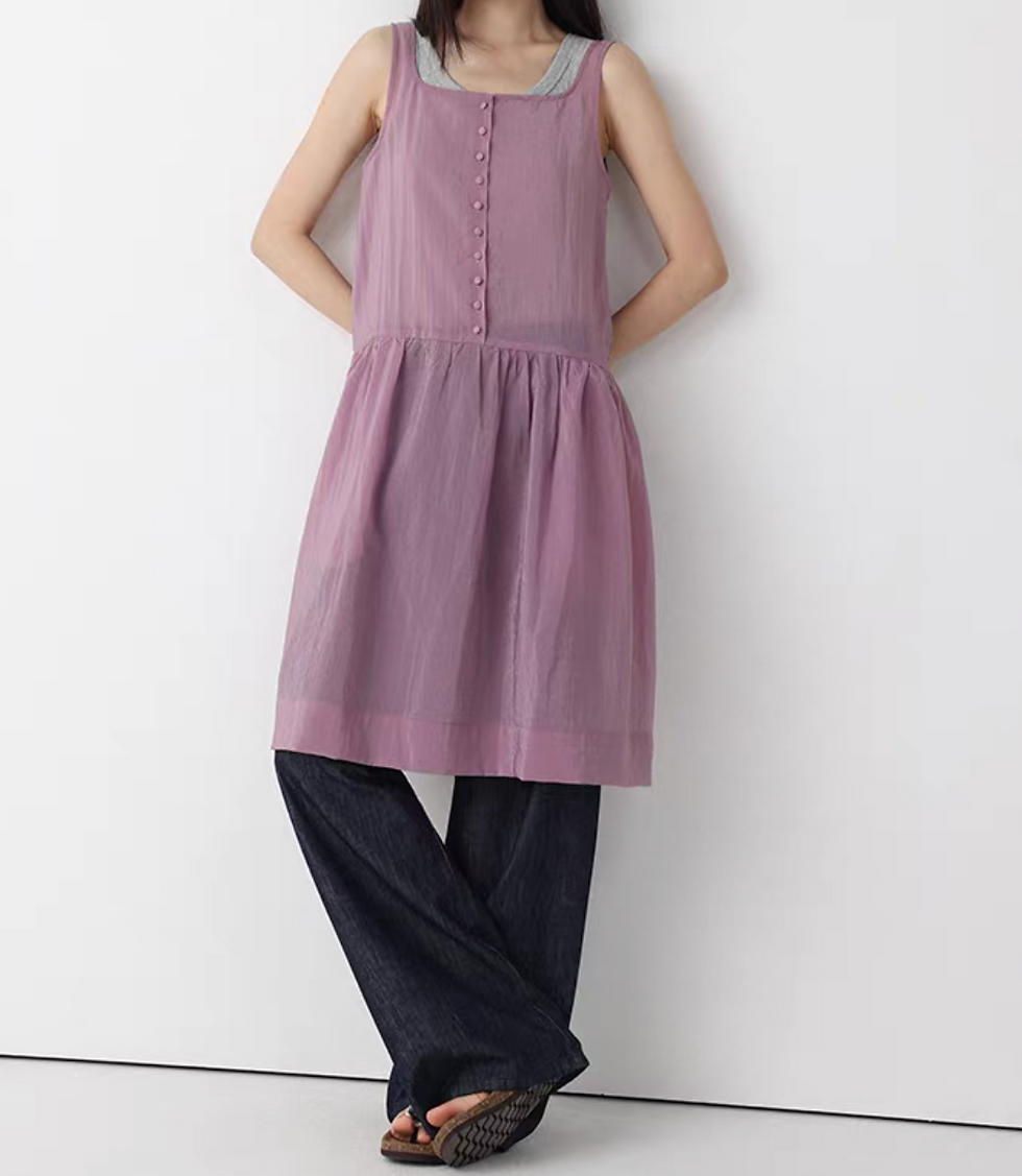 Thumbnail: Artisanal poly rayon square neck matching dress with side pockets