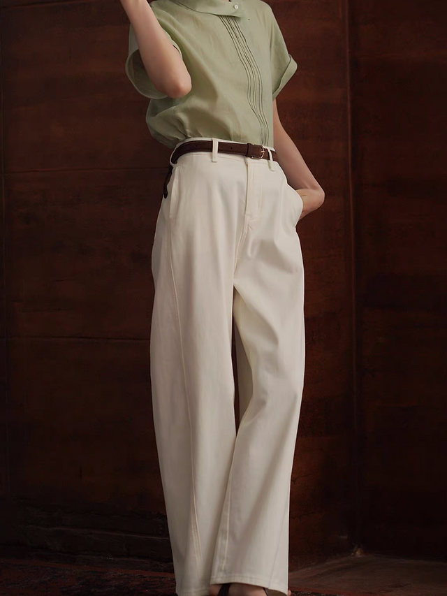 High waisted ivory cotton denim straight pants 1