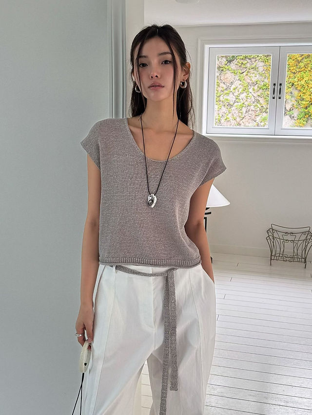 Belted U neck linen cotton rayon flutter sleeves blouse 1