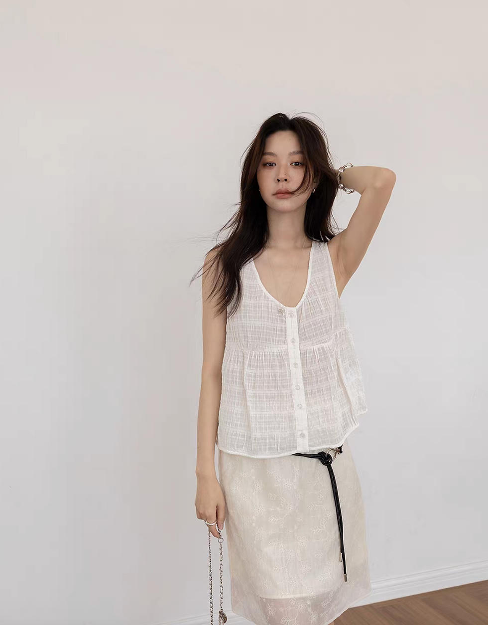Thumbnail: Embossed checker buttoned U neck cotton rayon vest
