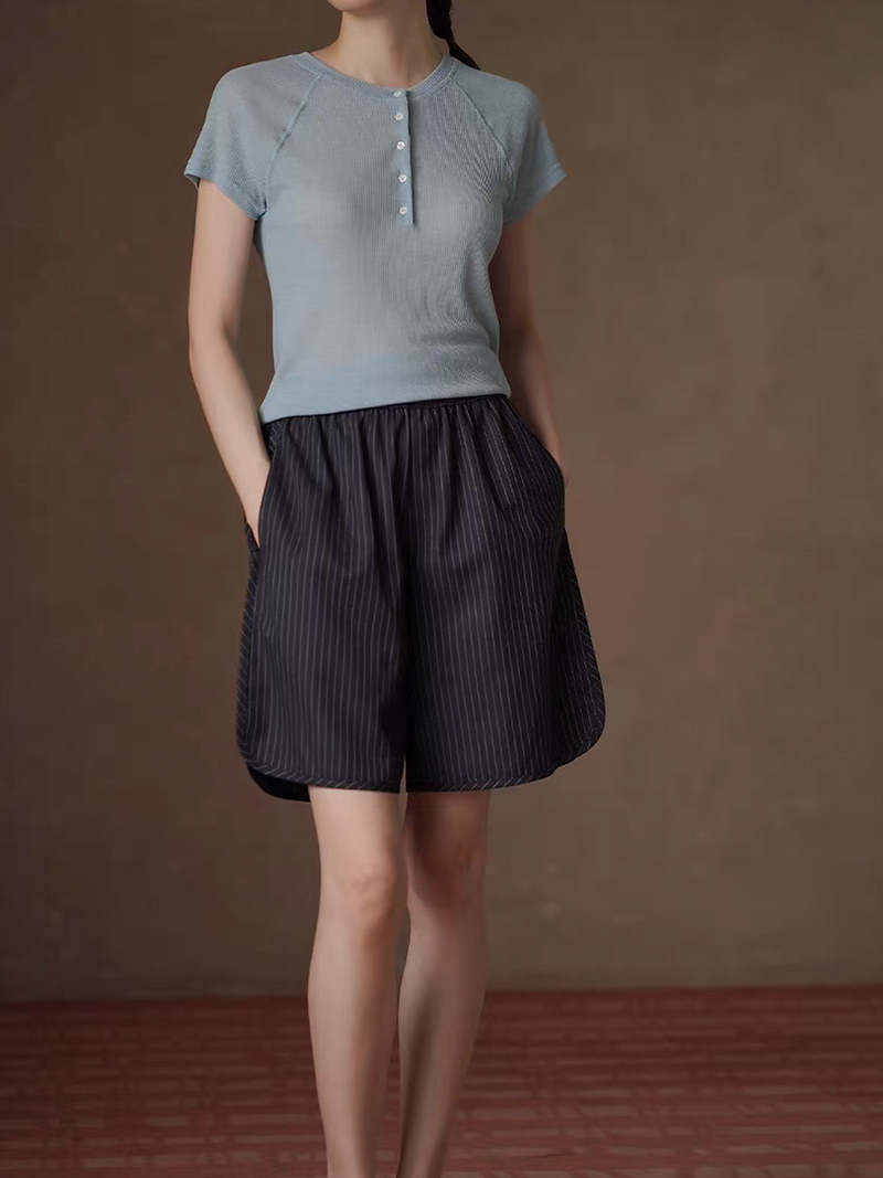 Blue ribbed poly lyocell buttoned crewneck tee 6