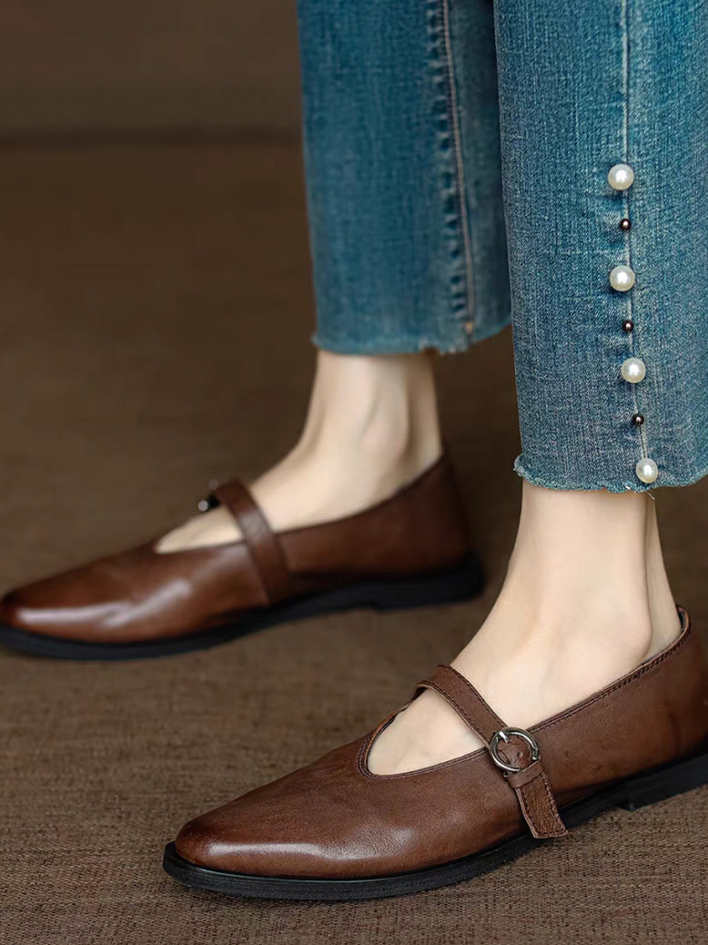 Curved cut brushed off calf leather Mary Janes 6