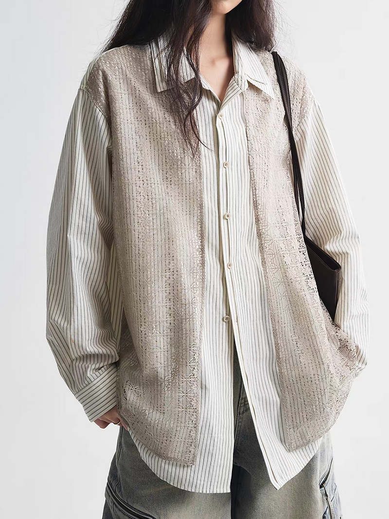 Beige cotton striped docking laced layered mid length double collars shirt 1