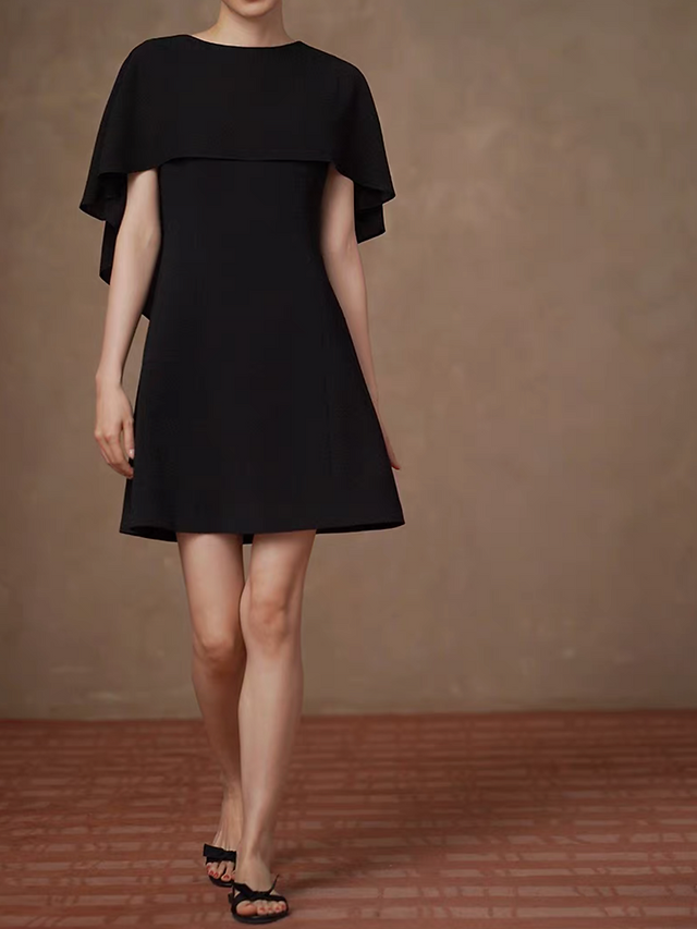 Fluid drape ruffle trim low back shawl connect black poly midi dress 11