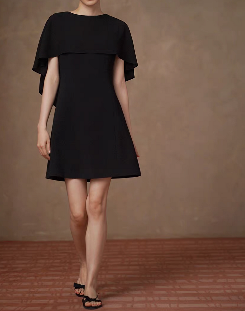 Thumbnail: Fluid drape ruffle trim low back shawl connect black poly midi dress