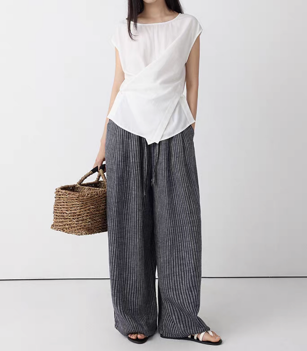 Thumbnail: Overlapping side buttoned pleated crewneck cotton rayon blouse