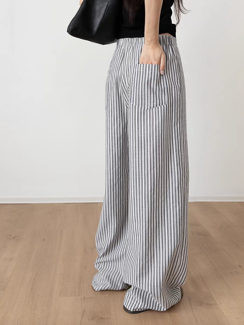 Ivory grey striped drawstring cotton poly drawstring straight pants 6