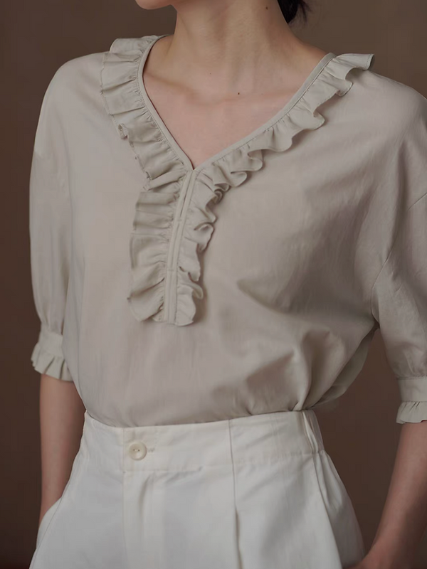 V neck ruffles greyish beige lyocell cotton blouse