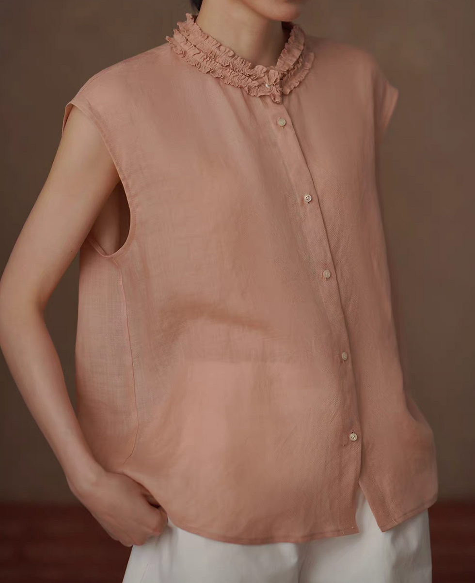Thumbnail: Apricot pink pure linen ruffled collar flutter sleeves blouse /vest