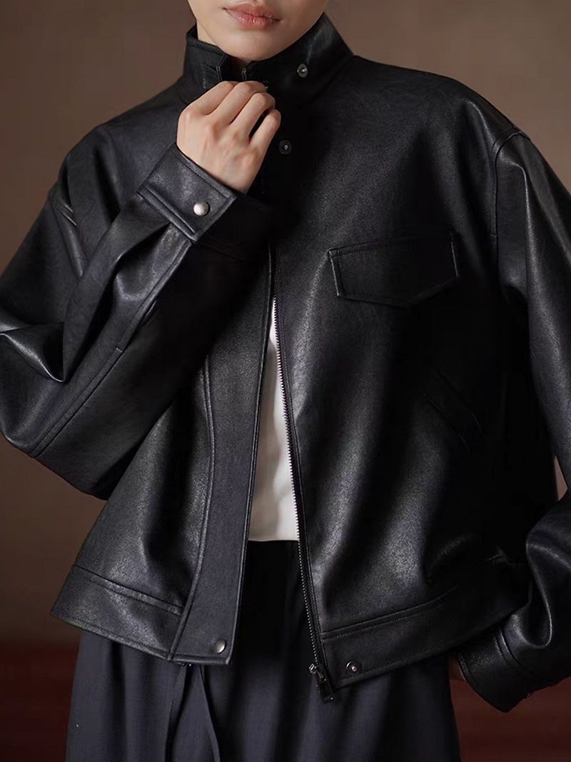 Black synthetic leather zipper clasp buttoned polo biker jacket 2