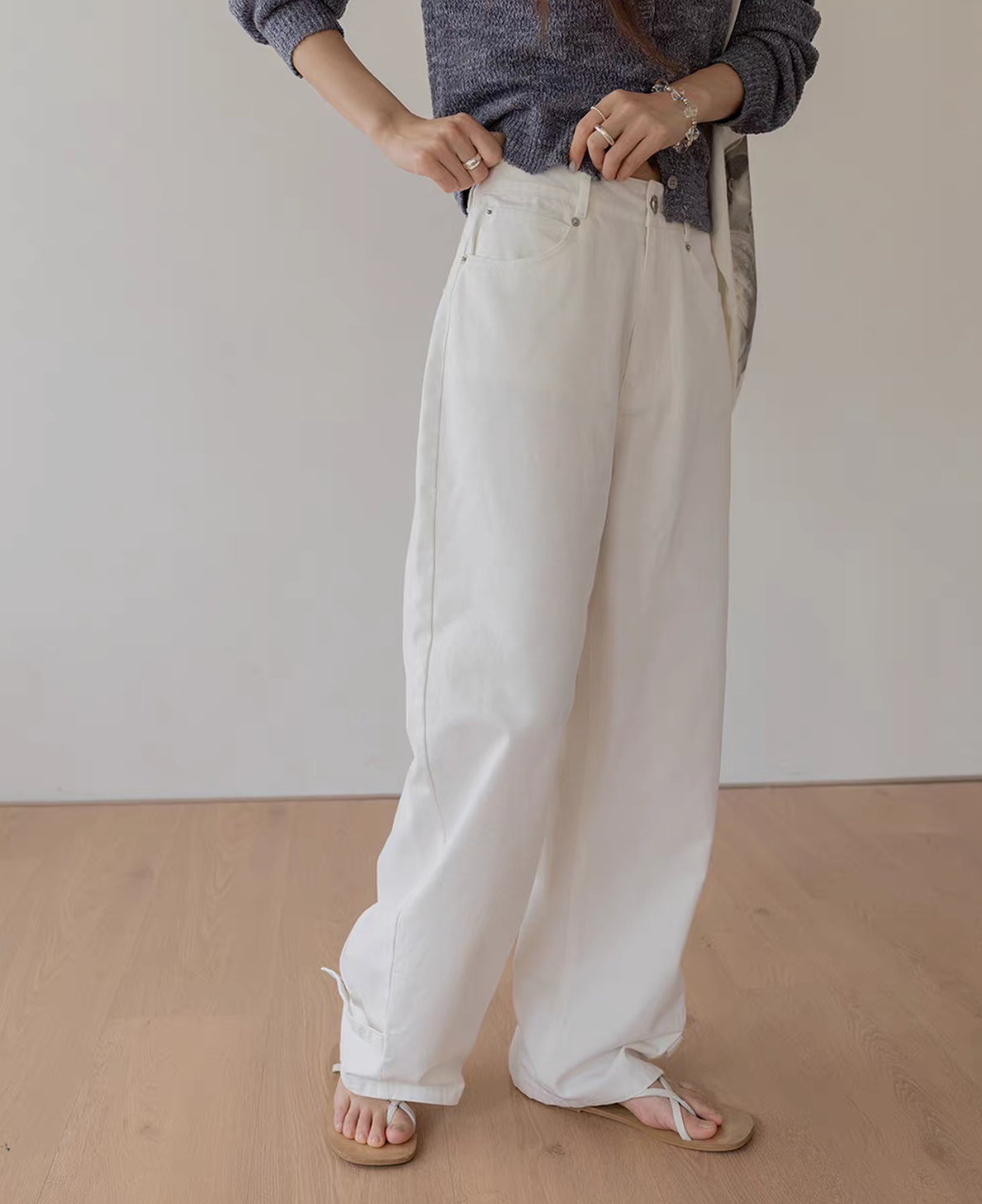 High waisted denim buttoned strap straight pants