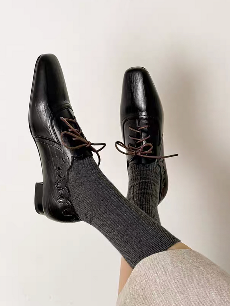 Side crochet lacing stitched trim calf leather pointy lascing shoes 5