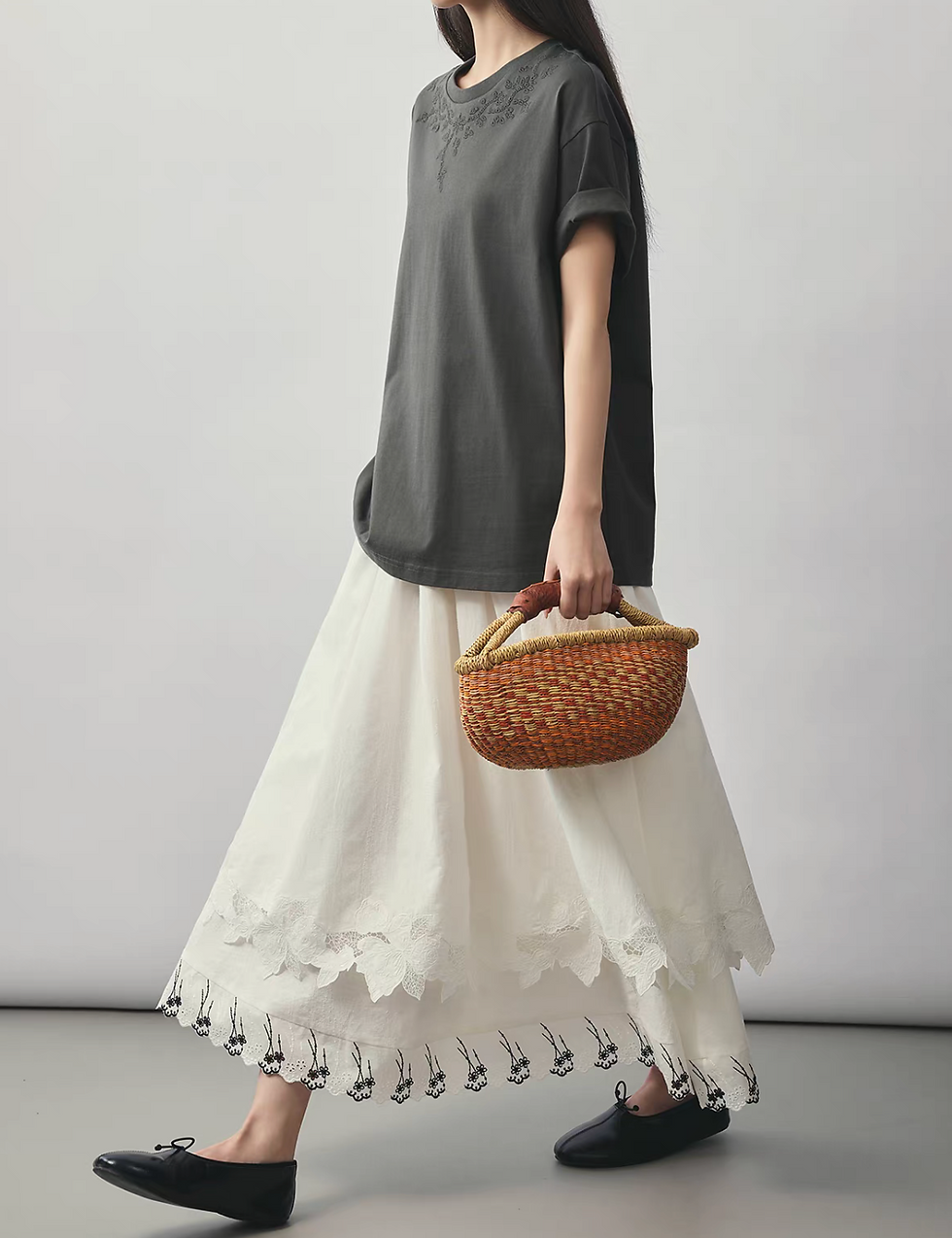 Thumbnail: Floral crochet trim cotton linen layered music notes elasticated skirt