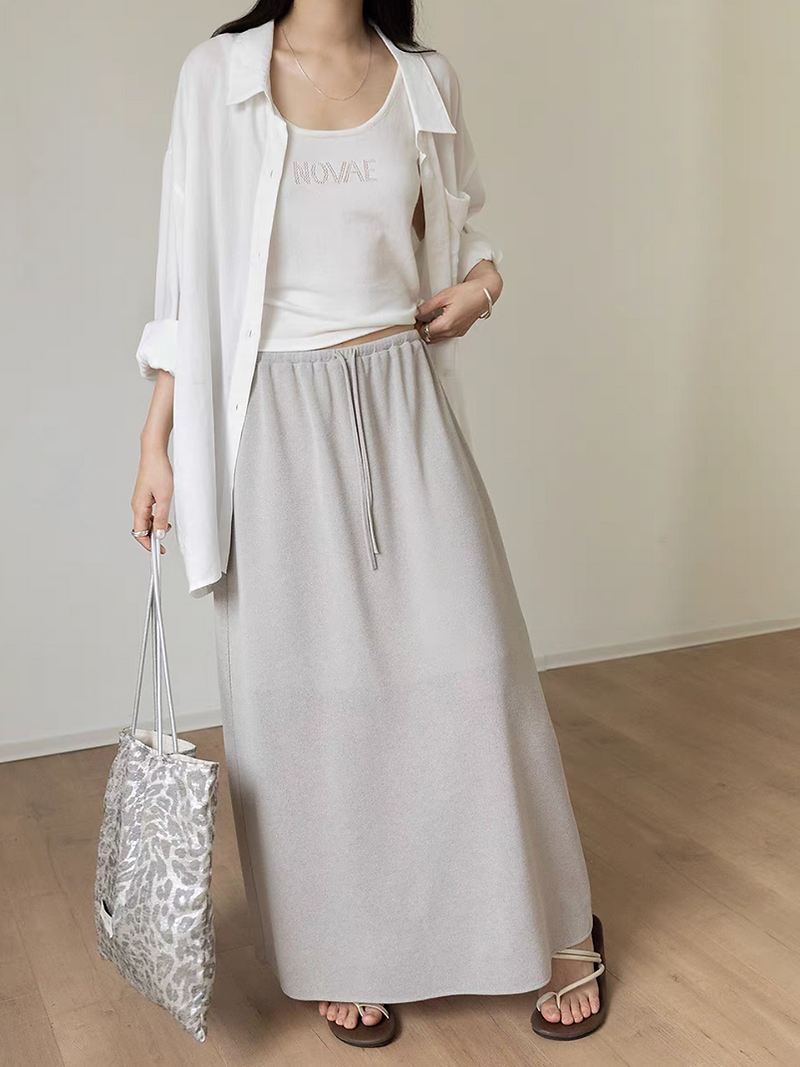 Elasticated layered partial sheer drawstring poly rayon skirt 3