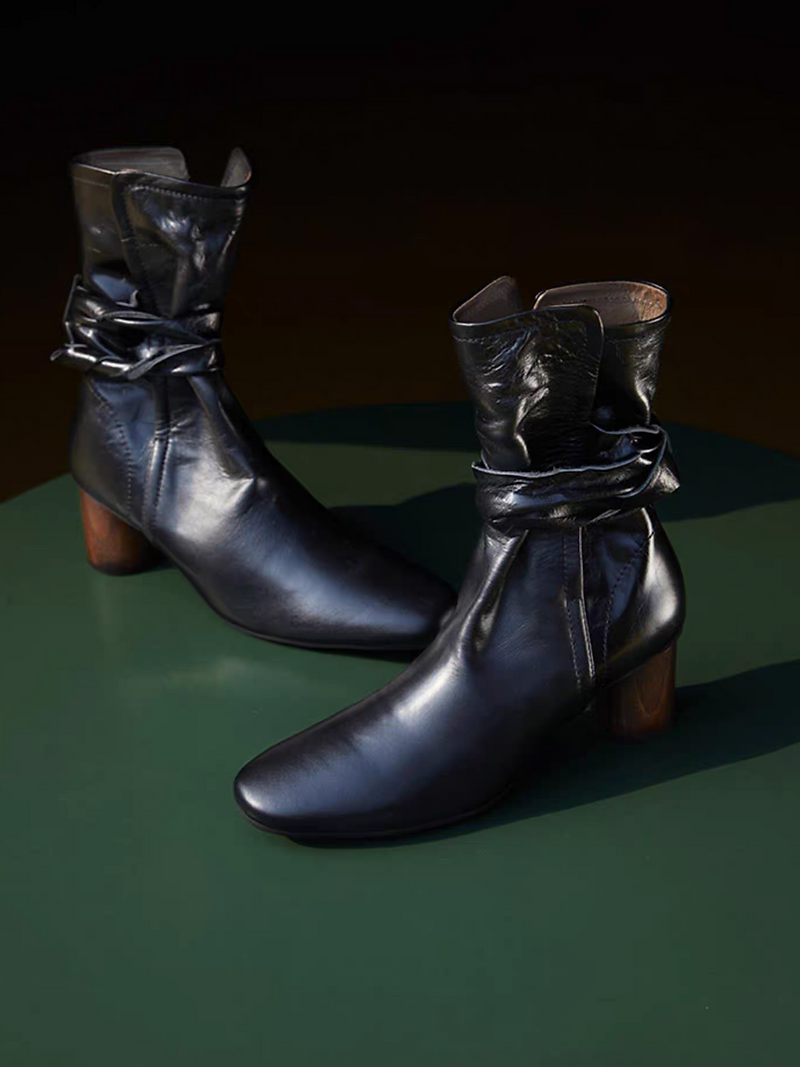Made in Paris Italian sheep skin back knot slit wood heel ankle boots 6