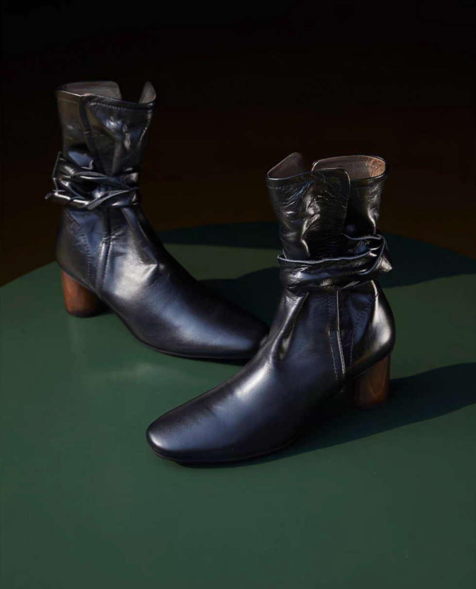 Thumbnail: Made in Paris Italian sheep skin back knot slit wood heel ankle boots