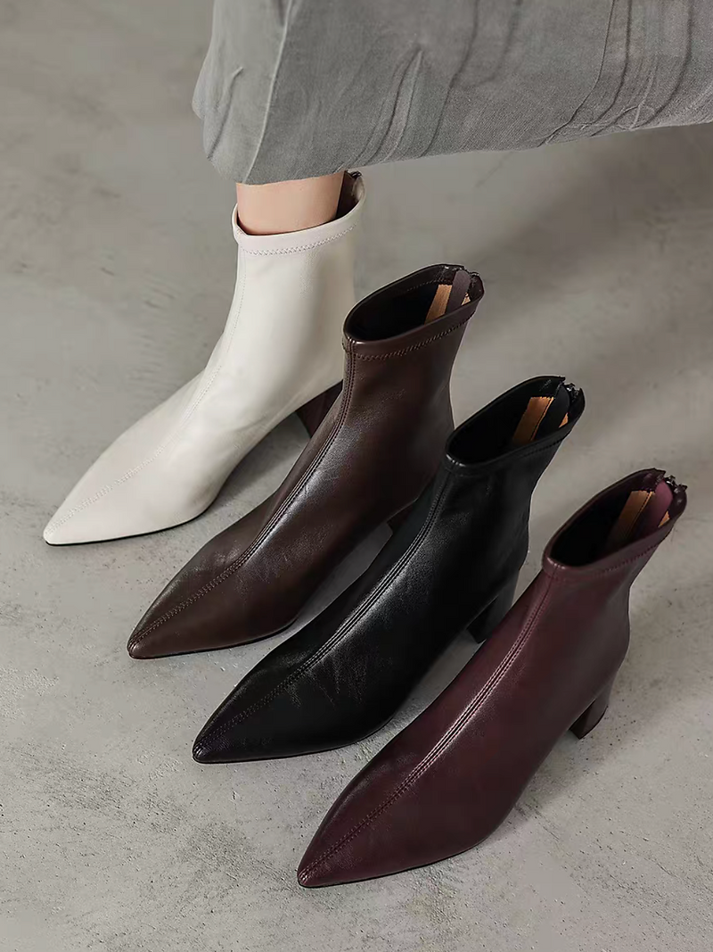 Calf leather pointy wool heel zipper ankle boots 8