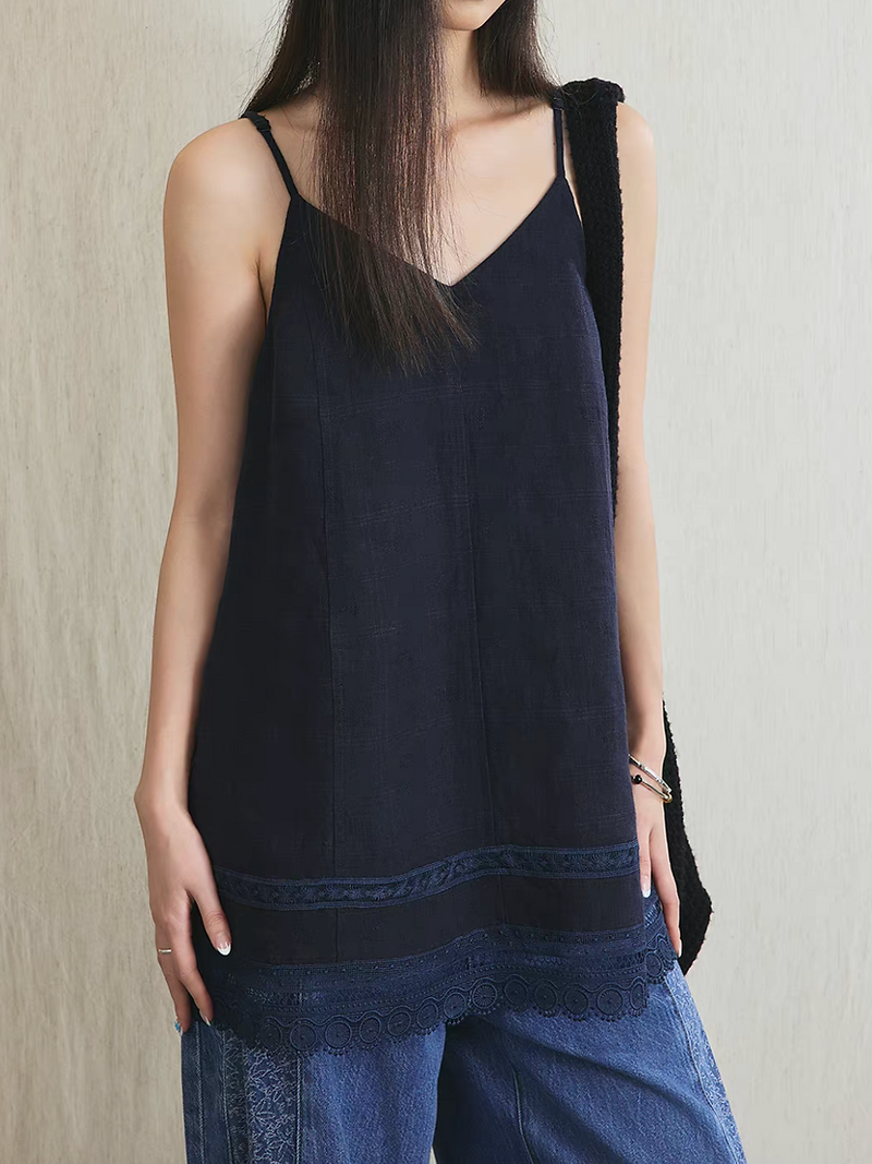 Navy pure linen lace trim camisole 8