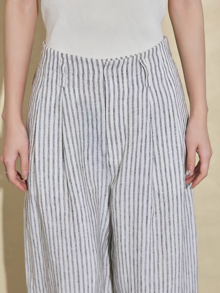 Striped pure linen high waisted straight pants 8