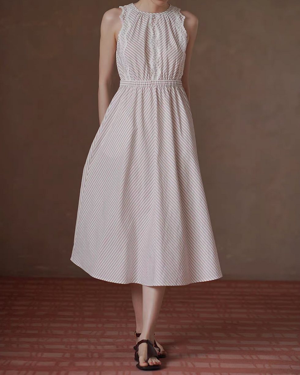 Thumbnail: Laced wavy trim striped embossed beige ivory halter sleeveless dress