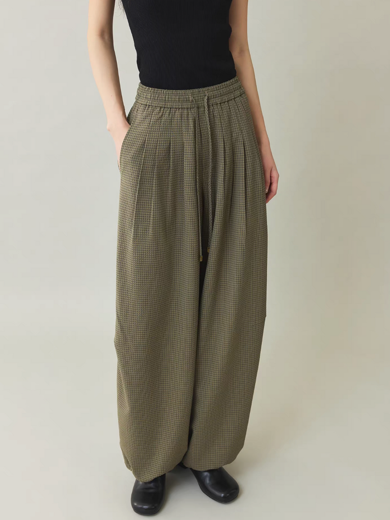 Two way embossed olive checker drawstring cotton relaxed pants 3
