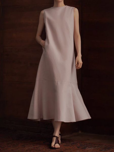 Linen cotton back crochet back knot mermaid morandi pink sleeveless dress