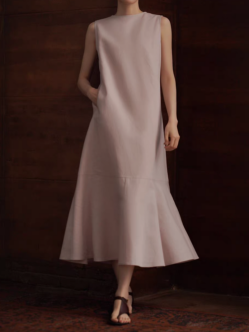 Linen cotton back crochet back knot mermaid morandi pink sleeveless dress 1