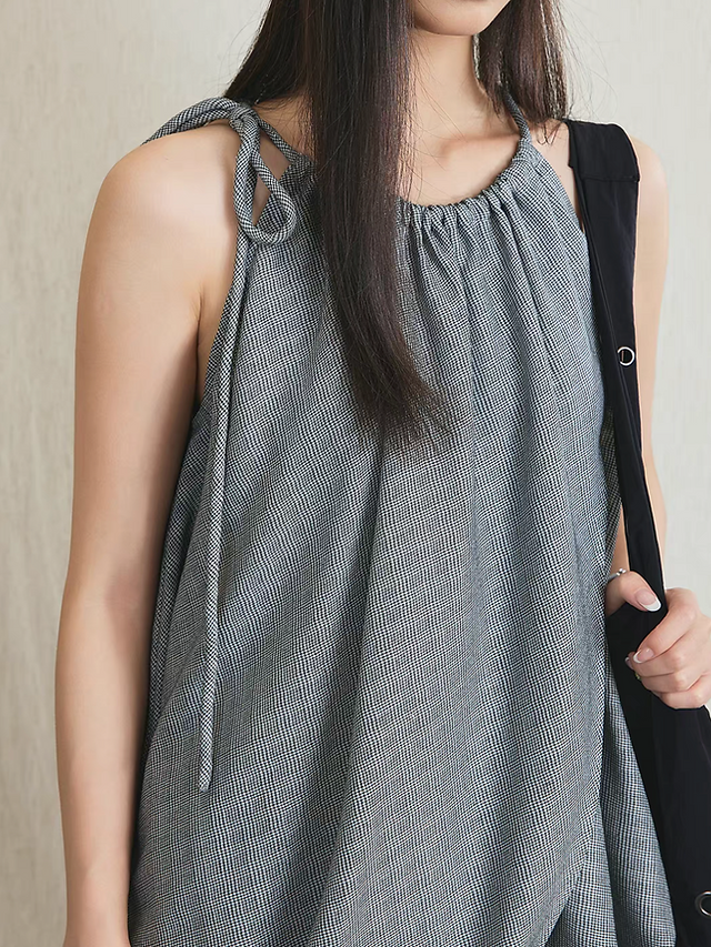 Checker halter shoulder drawstring poly rayon checker puff camisole 6