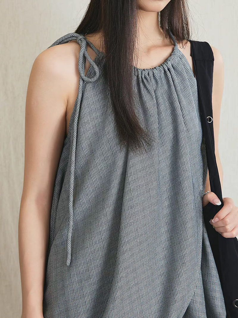 Checker halter shoulder drawstring poly rayon checker puff camisole 6