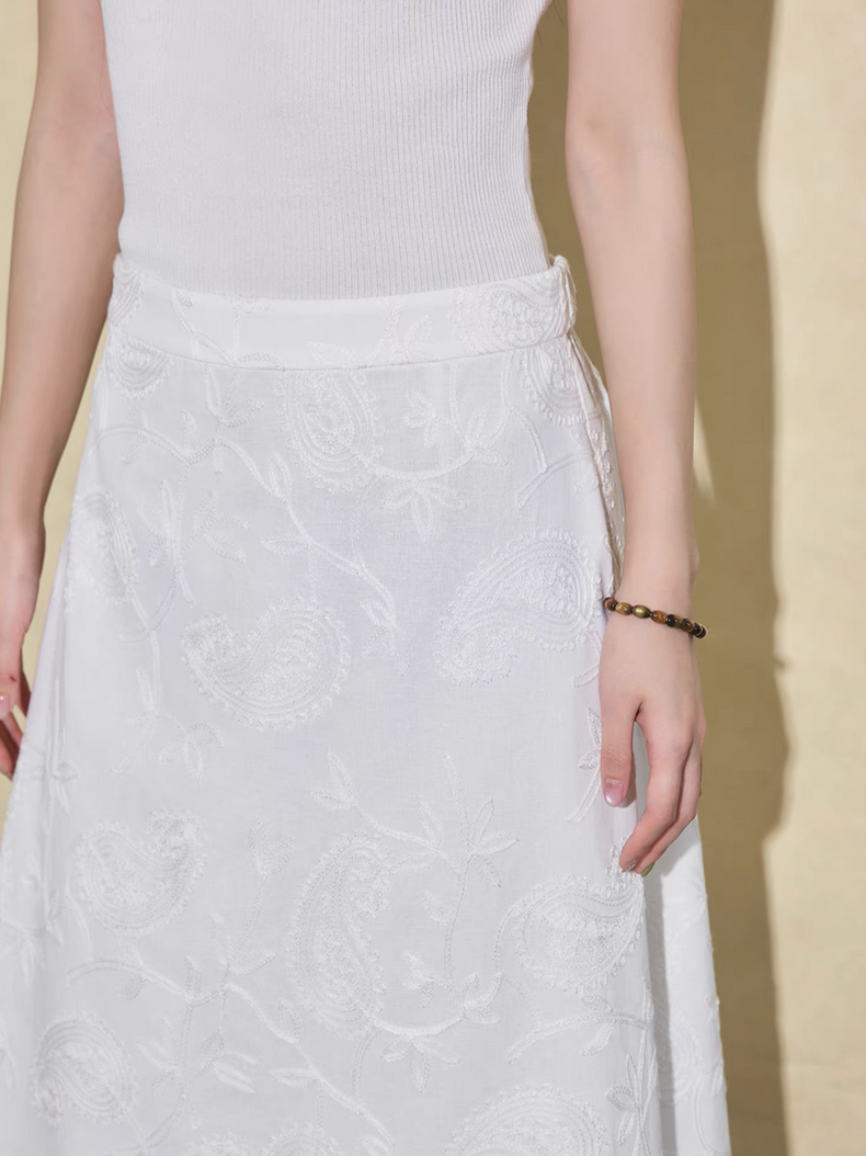 Cotton linen white embroidered floral back elasticated zipper skirt 6