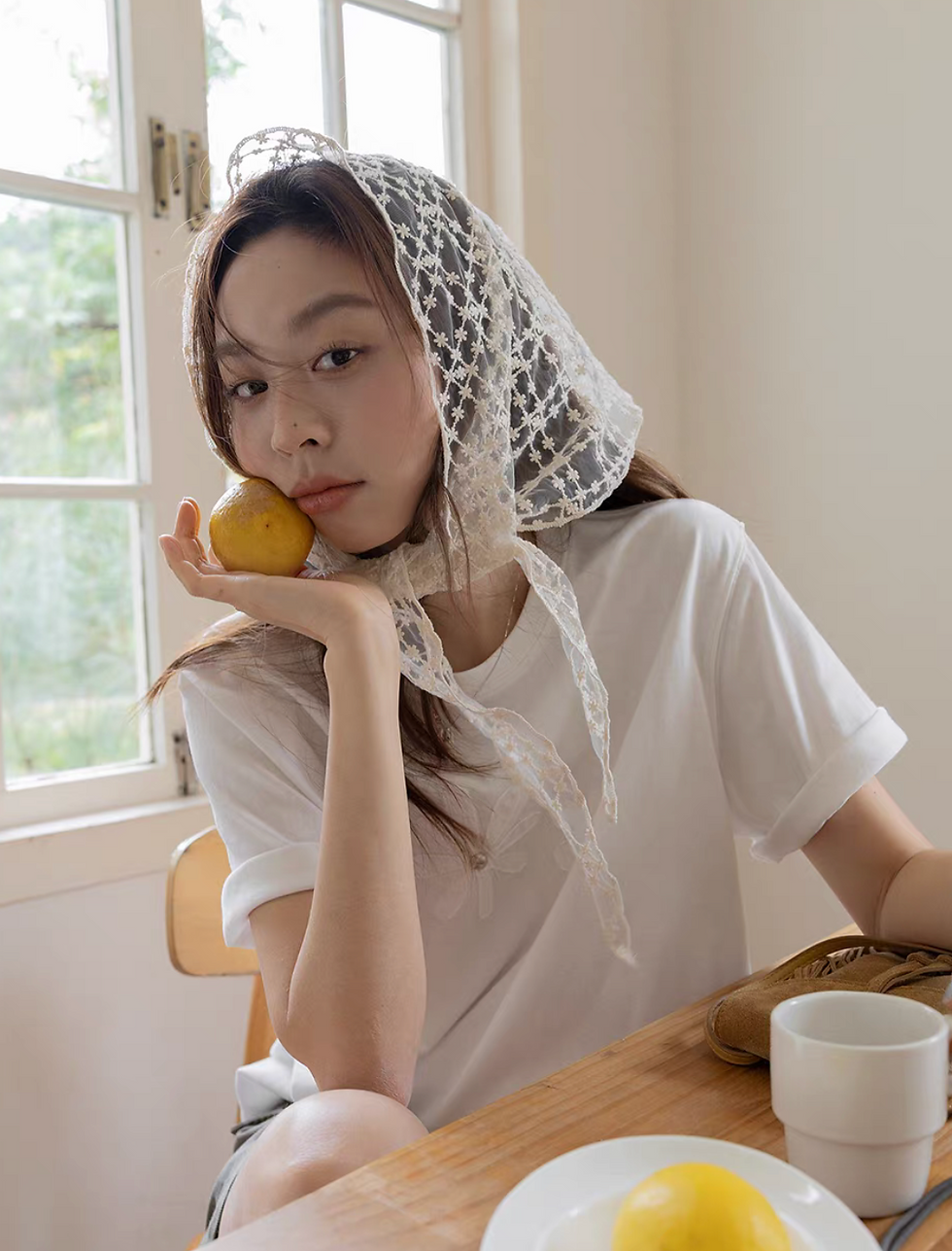 Thumbnail: Ivory floral lace sheer scarf / matching layer