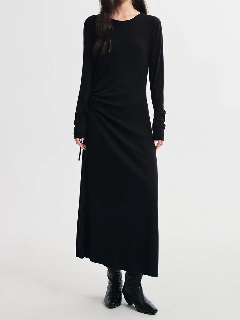 Side pleated ruffled crewneck asymmetric poly rayon knitted dress 1
