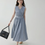 Thumbnail: V neck overlapping cotton grey white blue checker sleeveless dress