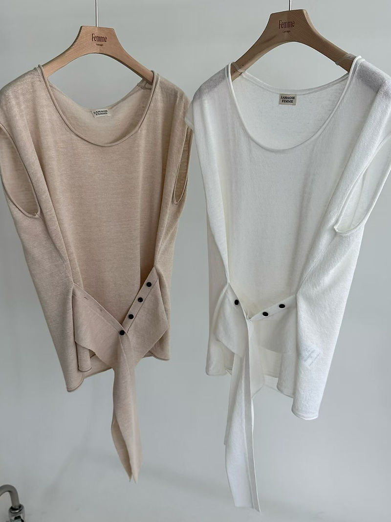 Front buttoned knot U neck linen acrylic nylon blouse 13