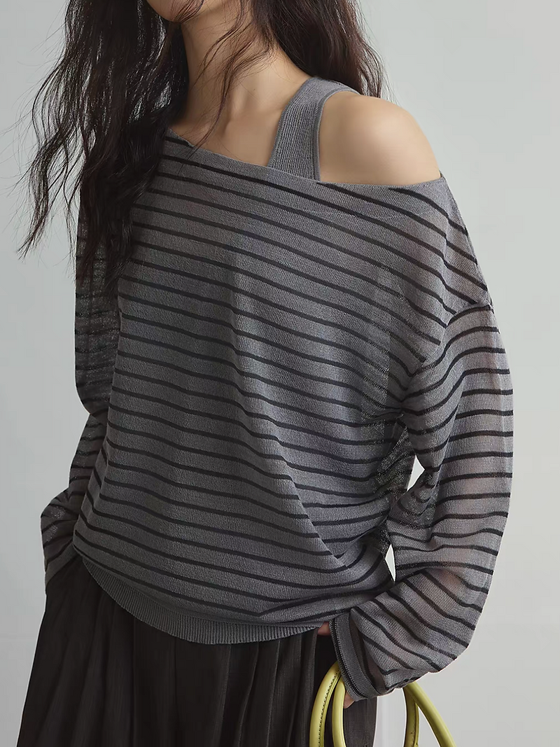 Tencel poly striped diagonal one shoulder loose top + vest set 2