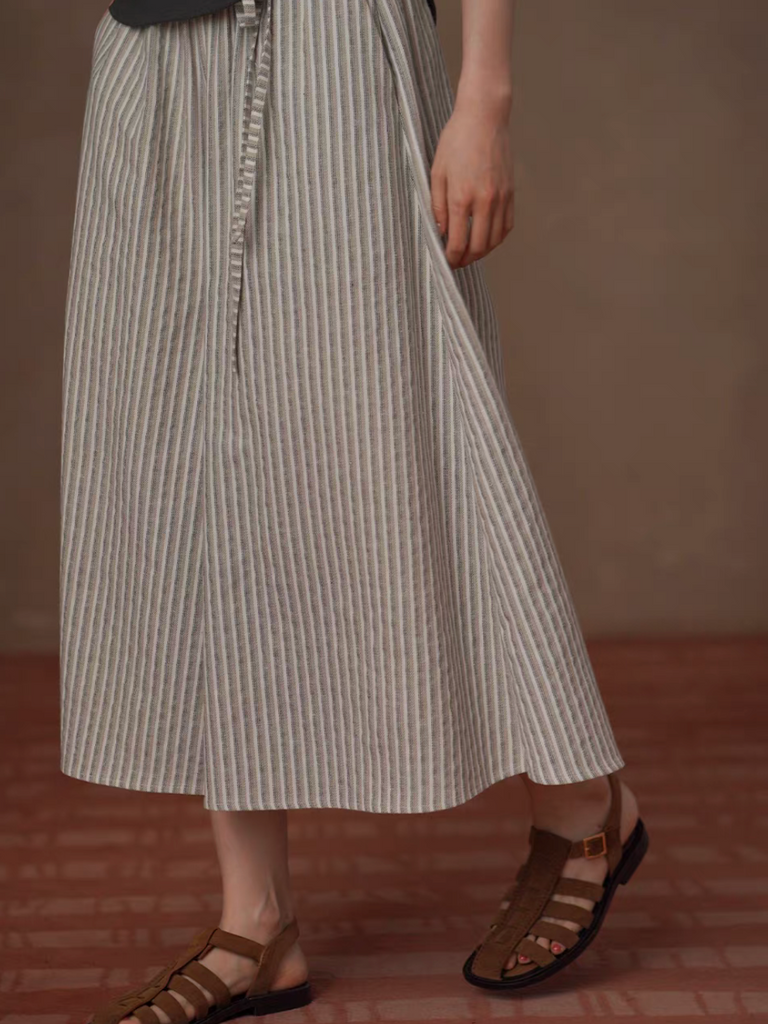 Elasticated drawstring embossed linen cotton flare pants 1