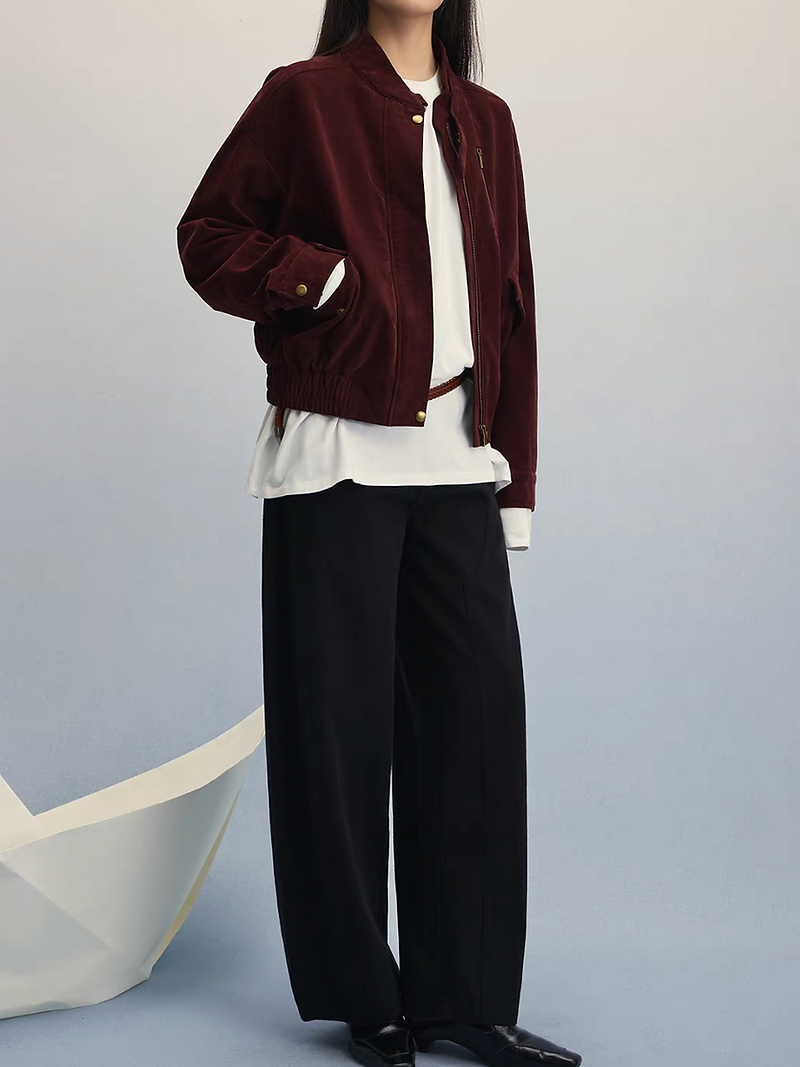 Bordeaux synthetic leather suede elastic trim pilot jacket 6