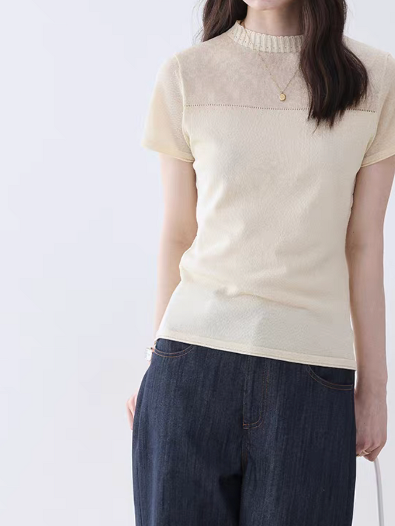 Beige partial sheer crewneck cotton acrylic poly knitted top 4