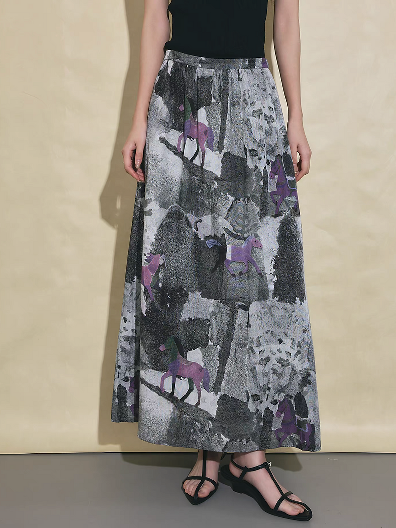 Pony print greyish purple print poly rayon back elasticated skirt 5