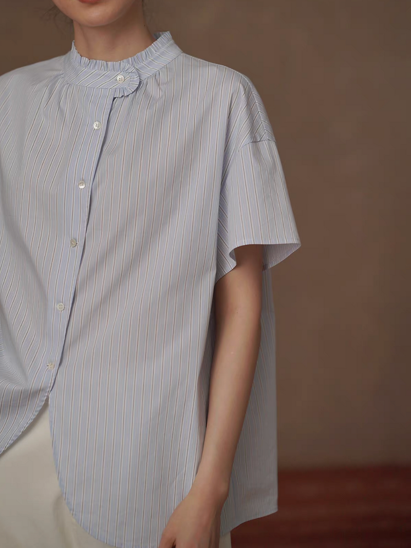 Ruffle striped pastel blue cotton blouse 2